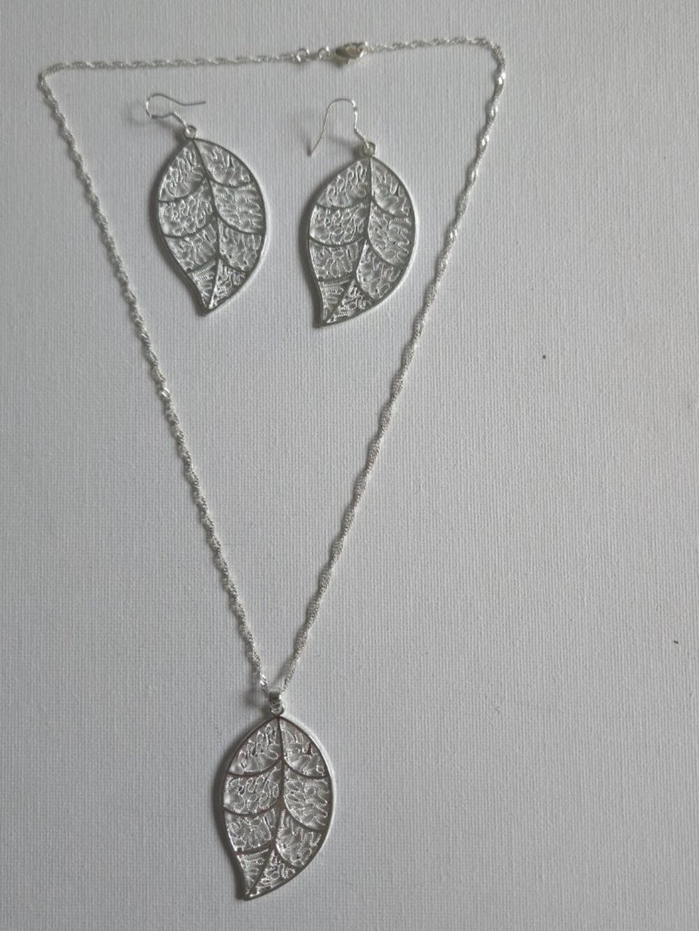 925 Sterling Silver Filigree Leaf Jewelry Set Openwork Lace Necklace & Earrings